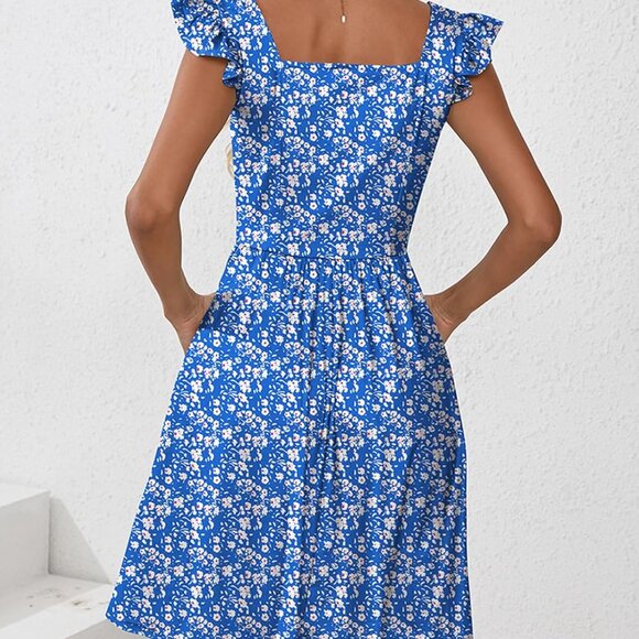 Women's Floral Summer Dress with Pockets Square Neck A-Line Beach Casual - Picture 5 of 5